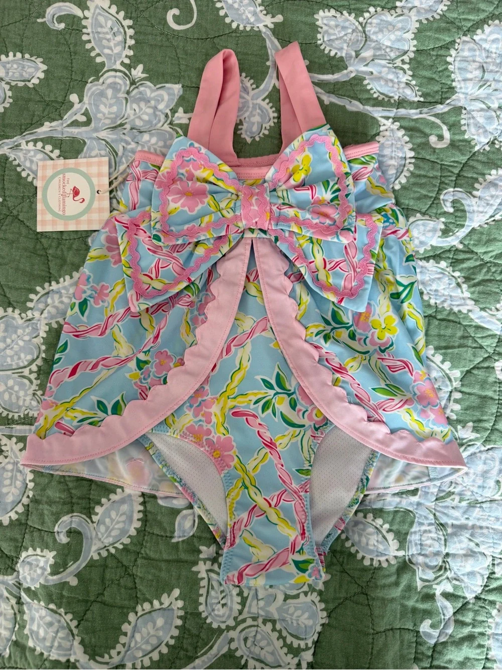 NWT Smocked Flamingo Pink Paradise Scalloped Bow Swimsuit 2T